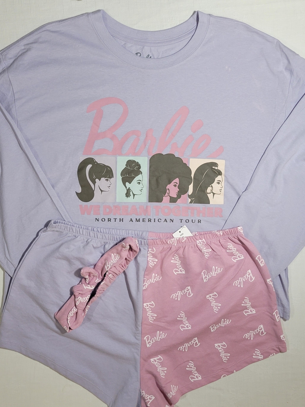 Barbie (Womens L) Lilac & Pink Logo Pajama Set Long sleeve Top, Shorts, Headband